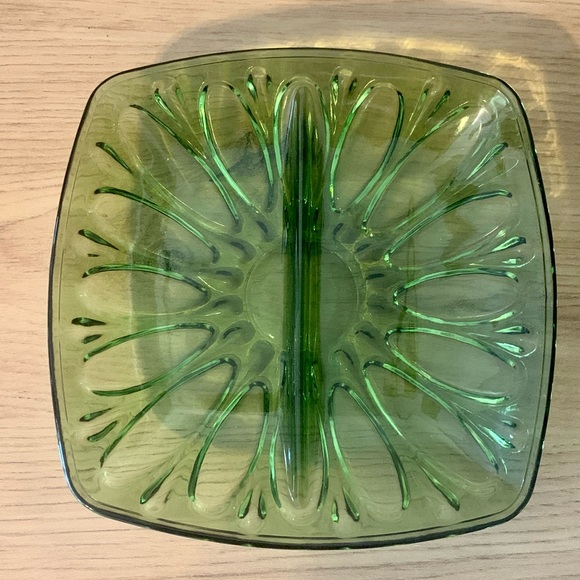 Green Glass Two Part Divided Relish Plate Square Optic 7in Set Of 3 - Picture 7 of 11